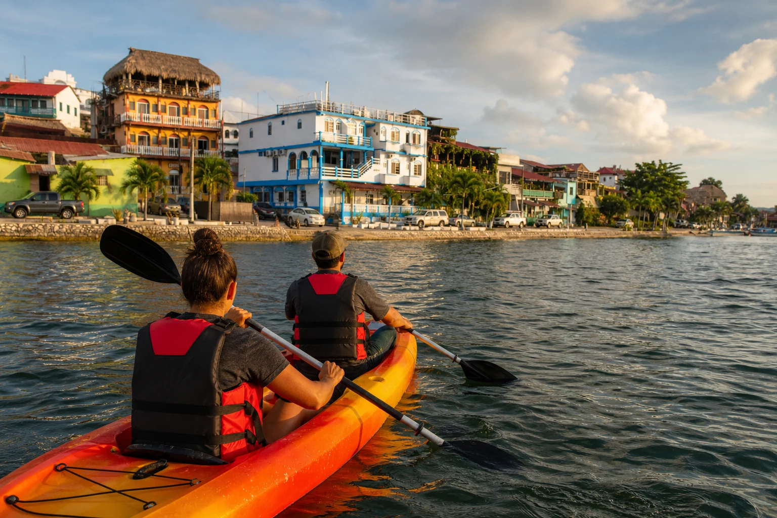 Viajeros en kayak frente al Hotel La Unión
