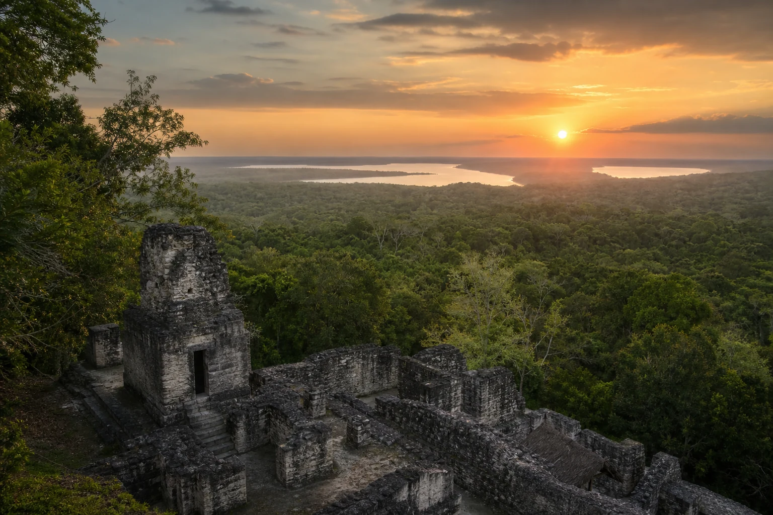 Ruinas de Yaxhá frente a las lagunas al atardecer